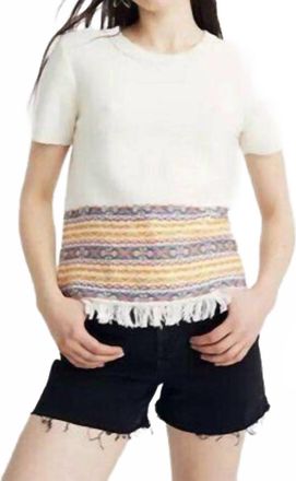 Madewell Fringed Jacquard Short Sleeve Knit Top Sweater In Multicolor