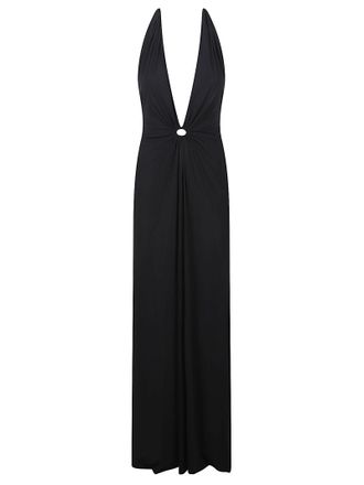 Amazu&igrave;n Long Deep Black Dress with Plunging Neckline
