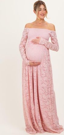 Pinkblush Floral Lace Long Sleeve Off Shoulder Maxi Dress in Light Pink at Nordstrom, Size Medium