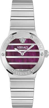 Versace Greca Logo Mother-of-Pearl Bracelet Watch, 33mm in Magenta/Stainless Steel at Nordstrom