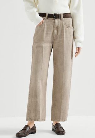 Brunello Cucinelli Prince of Wales denim contemporary square trousers with monili in Sand at Nordstrom, Size 38