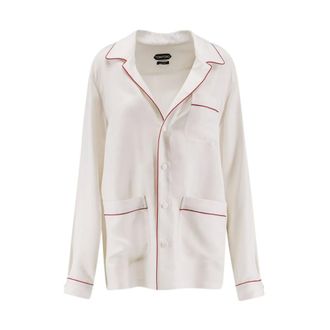 Tom Ford Pyjamas, female, Beige, Size: XL Silk Twill PJ Shirt with Piping and Tonal Embroidered Logo