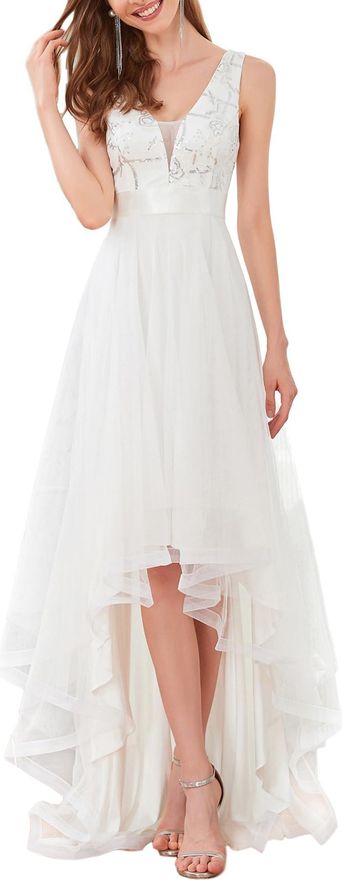 Womens Wedding Dresses High Low V Neck Tulle Sequin Appliques Evening Gowns White 18