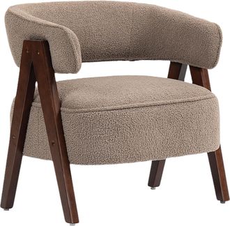 OEM Butaca De Sal&oacute;n Tapizada En Borreguito Acolchada Gruesa Patas De Madera Respaldo Curvado 70x64x71 Cm Marr&oacute;n Claro