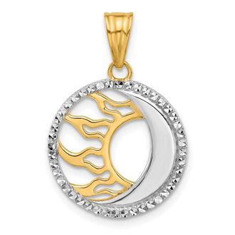Diamond2Deal 14k Yellow Gold White Rhodium Diamond-Cut Sun Moon Pendant