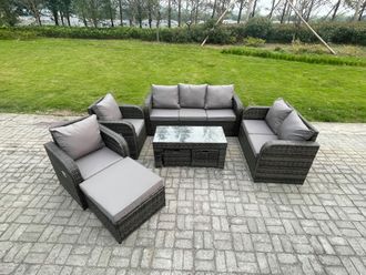 Fimous Outdoor Rattan Garden Furniture Set Rattan Lounge Sofa Set with Rectangular Coffee Table 3 Footstools Dark Grey Mixed