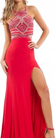 Rachel Allan Beaded Halterneck Evening Gown With High Slit In Tangerine