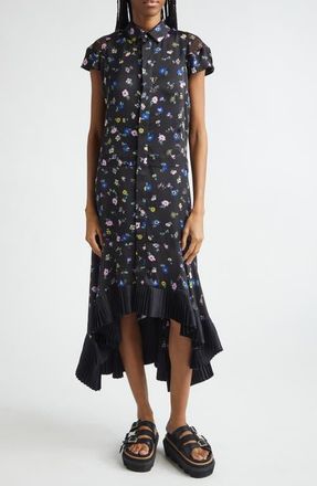 sacai Floral Print Satin Shirtdress in Black at Nordstrom, Size 1