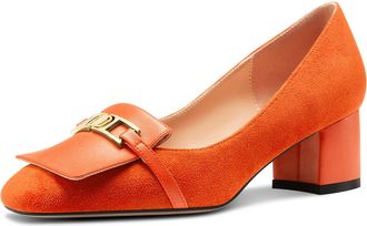 Castamere Womens Chunky Block Mid Heel Square Toe Slip-on Metal Chain Pumps Court Shoe Wedding Prom Dress 5 CM Heels Orange 7.5 UK