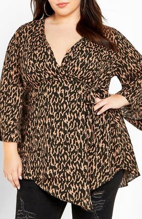 City Chic Jemma Leopard Print Wrap Tunic Top in Geo Animal at Nordstrom, Size Xs