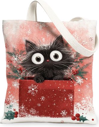 Generic Christmas Cat Canvas Tote Bags, Adorable Kitty Design Reusable Grocery Bags, Holiday Lightweight Washable Shoulder Strap Canvas for Travel Outdoor Pic