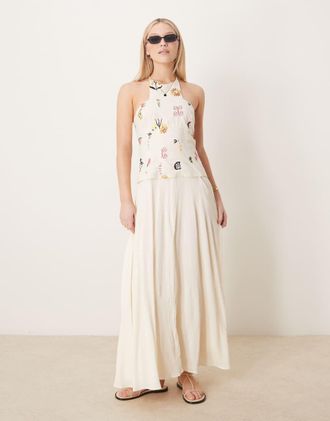 Asos twill folk embroidered hybrid maxi dress in stone-Neutral