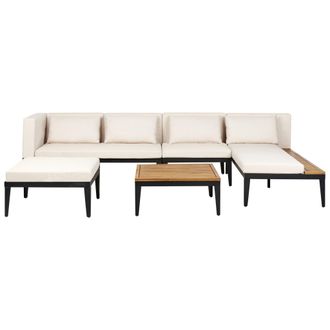 Beliani Conjunto De Jard&iacute;n 4 Plazas De Madera De Acacia Certificada Sof&aacute; Esquinero Con Mesa De Centro Y Otomana Cojines Beige Claro Izquierdo Bracciano