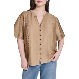 Karl Lagerfeld Nailhead Stud Detail Metallic Button-Up Shirt in Cartouche at Nordstrom, Size 0X