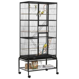 OEM Jaula Para P&aacute;jaros Con Ruedas 83x53x180 Cm Pajarera Met&aacute;lica De 3 Niveles Con 3 Perchas Comederos Juguetes Rampas Negro