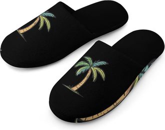 Generic Palm Tree Mens Cozy House Slippers Winter Warm Shoes with Anti-Slip Sole for Travel Indoor Outdoor