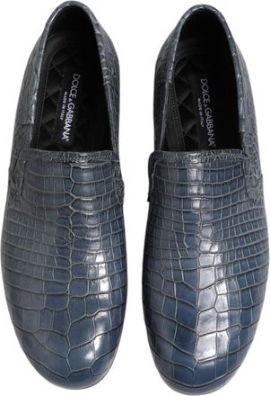 Dolce & Gabbana Blue Exotic Leather Slip On Loafers Men Dress Shoes Crocodile