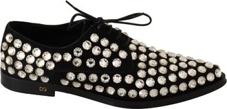 Dolce & Gabbana Black Leather Crystals Lace Up Formal Womens Shoes