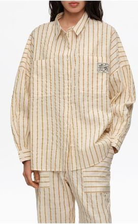 Bimba & Lola Ocher Striped Textured Cotton Oversize Shirt in Mustard at Nordstrom, Size Large Eu