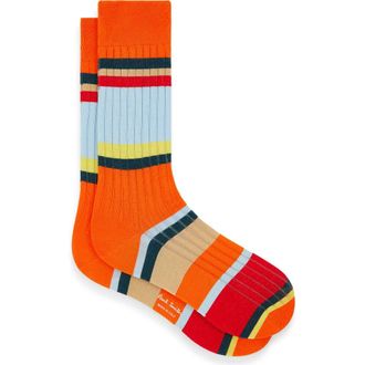 Paul Smith Stripe Rib Cotton Blend Dress Socks in 16_Orange at Nordstrom