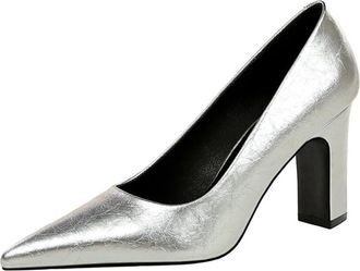 Generic Women Pointed Toe High Heels Block Heel 9CM Sexy Pumps Fashion Dress Shoes Wedding Evening Party (Silver,9.5)
