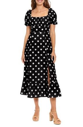 London Times Puff Sleeve Linen Blend Midi Dress in Black/Cream at Nordstrom Rack, Size 12