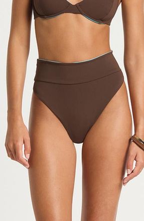 Bond-Eye Raya Reversible High Waist Bikini Bottoms in Espresso Cala at Nordstrom, Size X-Small