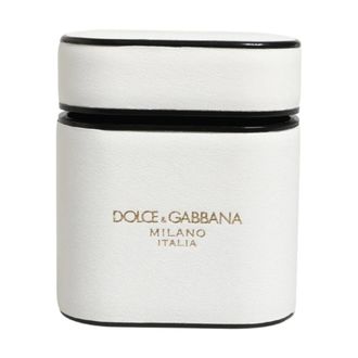 Dolce & Gabbana Phone Accessories, female, White, Size: ONE SIZE Calf Leather Logo Print Flip Holder AirPods Case