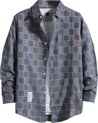 Generic Flannel Checked Plaid Shirt for Men - Cotton Lumberjack Regular Fit Long Sleeve M-4XL