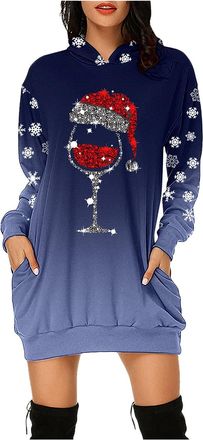 Generic Merry Christmas Womens Oversized Crew Neck Sweatshirt Dress - Long Sleeves, Wine Glass Graphic Print, Funny Cute Xmas Print, Casual Top Pullover Blous