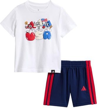 adidas Graphic Print T-Shirt & 3-Stripes Shorts Set in White at Nordstrom, Size 18M