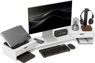 HOMCOM Dual Monitor Stand Riser With Adjustable Length And Angle - Black | TJ Hughes White