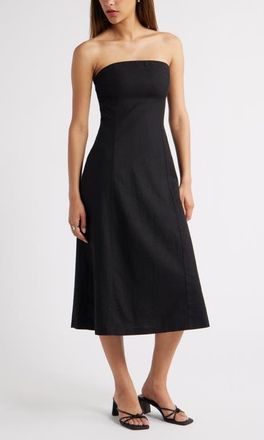 Open Edit Strapless Linen Blend Midi Dress in Black at Nordstrom, Size X-Large