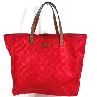 Gucci Red Color Leather Nylon Shoulder Bag Tote Bag (Pre-Owned)