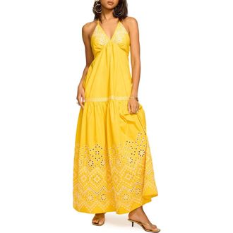 Ramy Brook Amaris Eyelet Embroidery Halter Dress in Sunshine at Nordstrom, Size Xx-Large