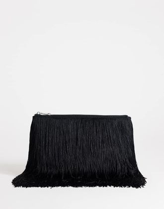 Topshop Jasmine - Borsa a busta piccola nera con frange-Nero