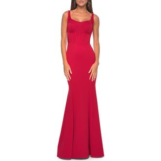 La Femme Mermaid Jersey Gown with Bustier Top and Lace Up Back in Red at Nordstrom, Size 12