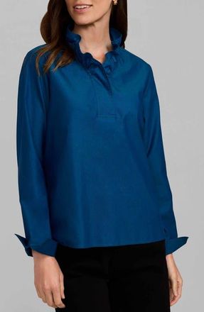 Foxcroft Tammy Ruffled Cotton Popover in Teal Green at Nordstrom, Size X-Small