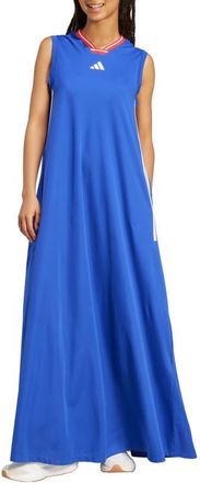 adidas Tiro 3-Stripes Recycled Polyester Mesh Maxi Dress in Lucid Blue/White/Ruby at Nordstrom, Size Small