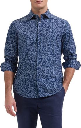 Bugatchi James OoohCotton Leaf Print Button-Up Shirt in Navy at Nordstrom, Size Xxx-Large