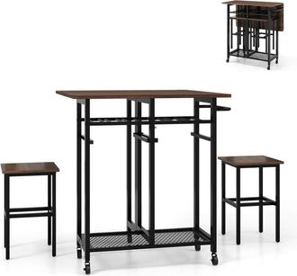 Costway Juego De Mesa De Comedor De 3 Piezas, Mesa De Cocina Extensible Con 2 Taburetes, Botellero Para 6 Botellas, Estantes Y Asa Lateral, Mesa Plegable Para