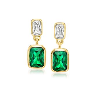 RS Pure by Ross-Simons Lab-Grown Emerald and White Sapphire Drop Earrings in 18kt Gold Over Sterling