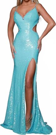Johnathan Kayne Sleeveless Cut-Out Detail Prom Gown In Aqua