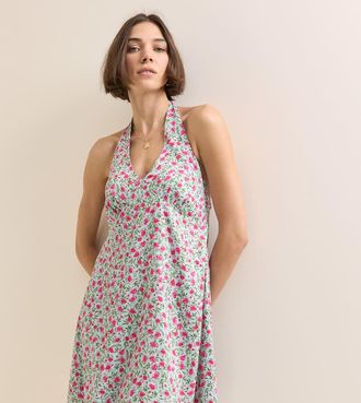 Nobody's Child Lynette - Vestito corto allacciato al collo blu a fiori con scollo a V profondo