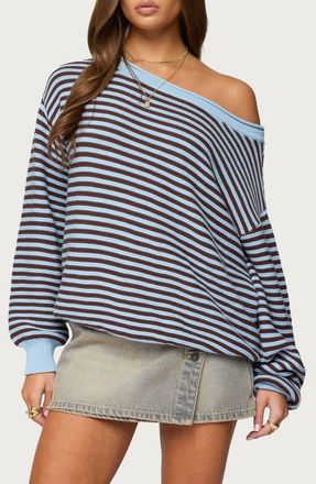 Edikted Averi Stripe Textured Cotton Sweater in Light-Blue at Nordstrom, Size X-Small