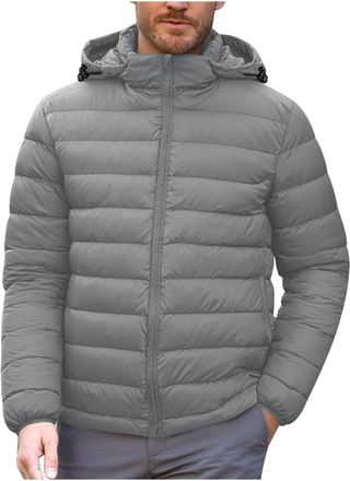 Generic Mens Puffy Jacket Winter Warm Quilted Coat Soft Insulated Hooded Overcoat Waterproof Padded Thermal Jackets Solid Puffer Coats for Hiking Traveling Ca