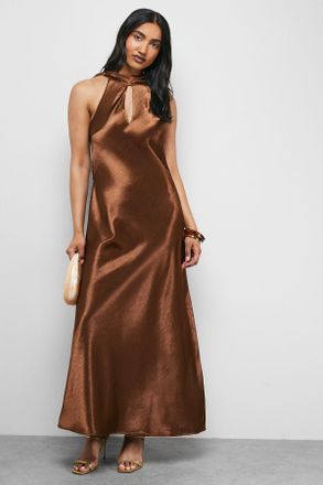 Warehouse Womens Satin Tie Neck Cowl Front Maxi Dress - Chocolate - Size 16 UK