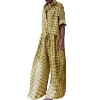 Generic Womens Casual Loose Plaid Jumpsuits Long Sleeve Button Up Collared Pleated Wide Leg Long Pant Overalls Rompers Dressy Short (Yellow, XXXL)