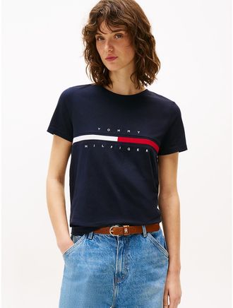 Tommy Hilfiger Womens Embroidered Flag Stripe Logo T-Shirt - Navy - XXL