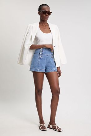 Karen Millen Womens Denim Button Front Shorts - Indigo Blue - Size 12 UK
